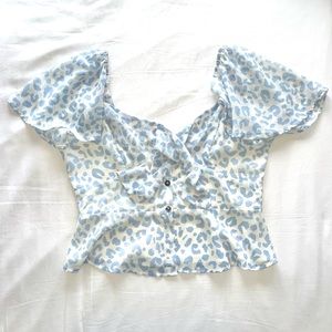Olivaceous Blue Leopard Tie-Front Flutter Top